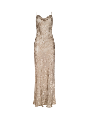The Christine Burnout Satin Gown is a sleeveless, floor-length champagne dress with thin spaghetti straps and a subtle floral lace pattern, shown on a white background.