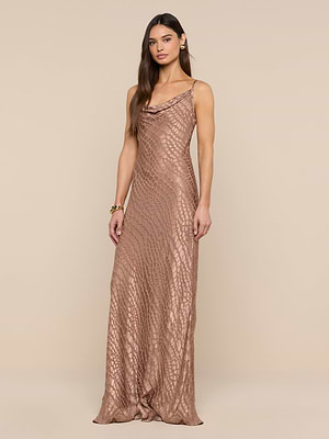 L'AGENCE Christine Burnout Satin Dress In Hazelnut Cobra Geo Burnout L'AGENCE Christine Burnout Satin Dress In Hazelnut Cobra Geo Burnout