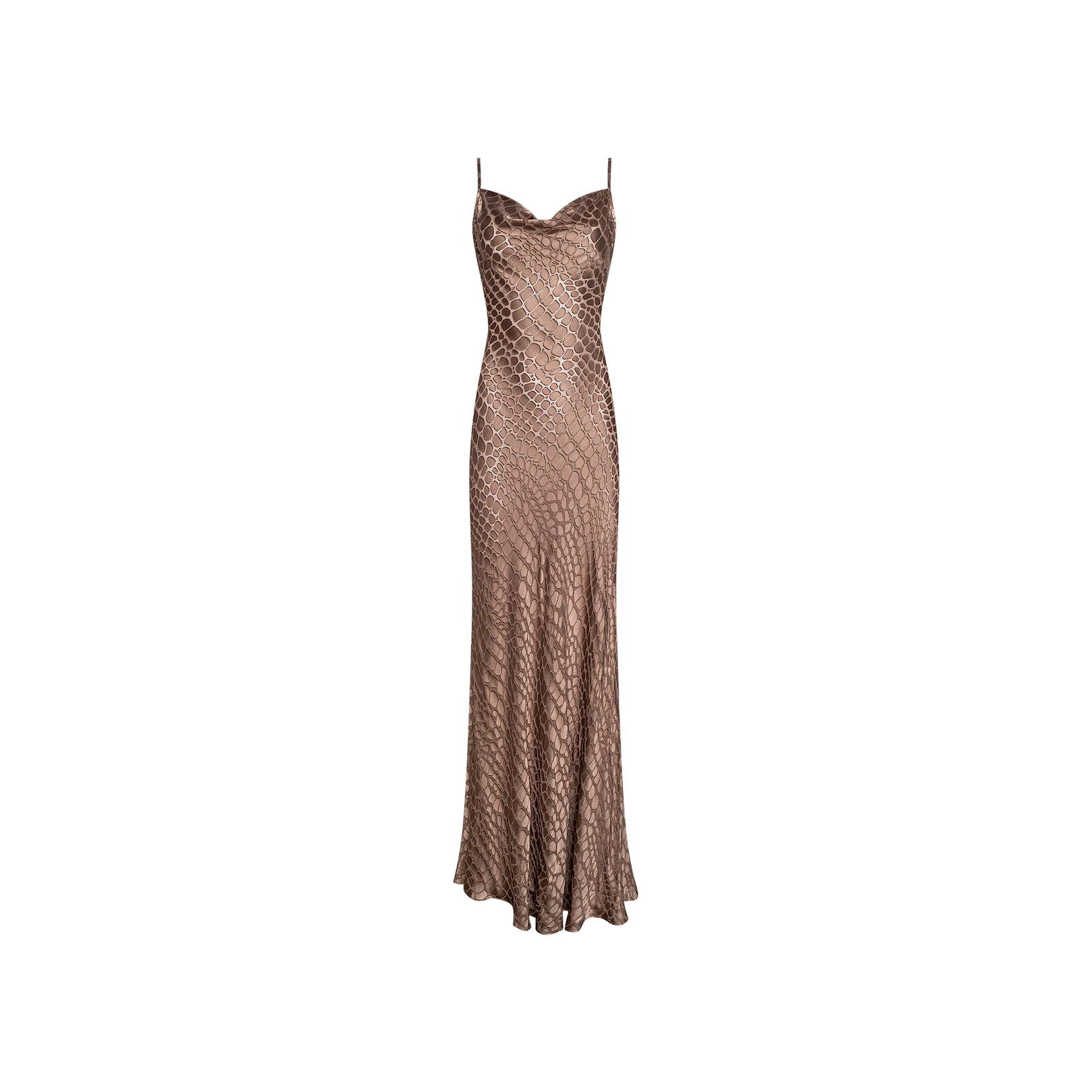 The Christine Burnout Satin Gown is a sleeveless, long bronze evening gown featuring a form-fitting silhouette, delicate spaghetti straps, and a diamond-patterned texture crafted from luxuriously sheer burnout satin with an elegant cobra print design, displayed on a plain white background.