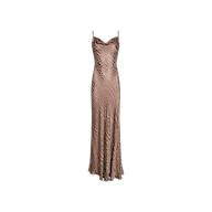 The Christine Burnout Satin Gown is a sleeveless, long bronze evening gown featuring a form-fitting silhouette, delicate spaghetti straps, and a diamond-patterned texture crafted from luxuriously sheer burnout satin with an elegant cobra print design, displayed on a plain white background.