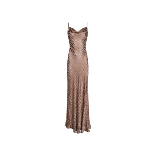The Christine Burnout Satin Gown is a sleeveless, long bronze evening gown featuring a form-fitting silhouette, delicate spaghetti straps, and a diamond-patterned texture crafted from luxuriously sheer burnout satin with an elegant cobra print design, displayed on a plain white background.