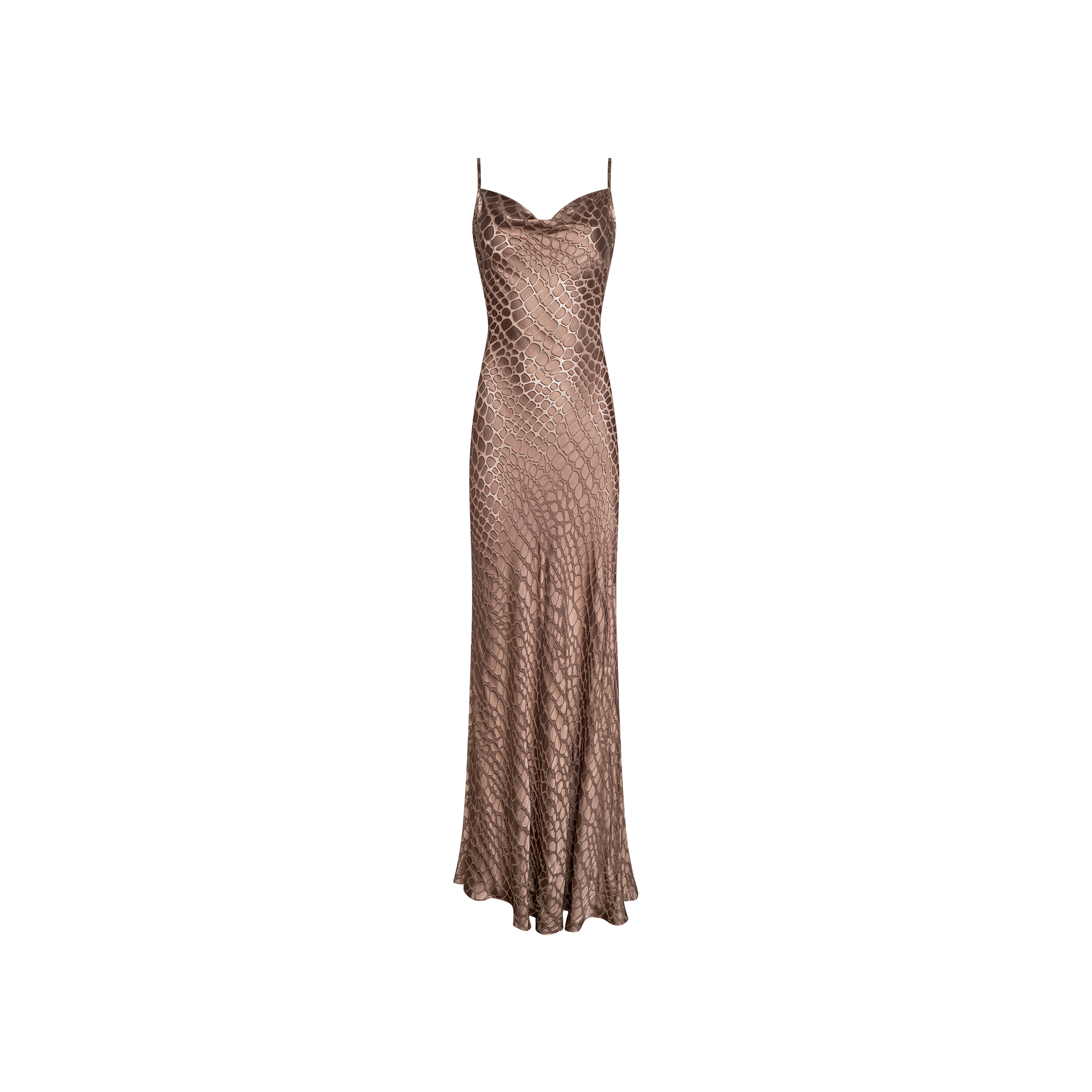 The Christine Burnout Satin Gown is a sleeveless, long bronze evening gown featuring a form-fitting silhouette, delicate spaghetti straps, and a diamond-patterned texture crafted from luxuriously sheer burnout satin with an elegant cobra print design, displayed on a plain white background.