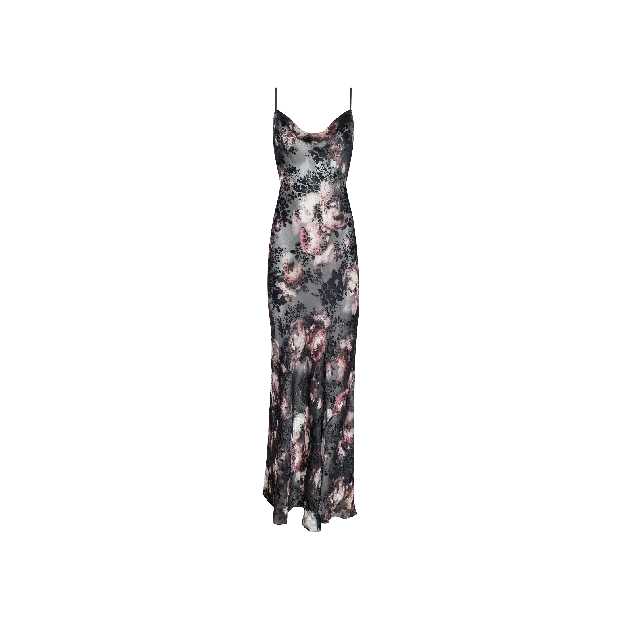 The Christine Dress is a sleeveless, floor-length slip dress with thin straps, crafted from burnout satin and featuring a grey, pink, and black rose print on a white background.