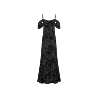 The Kenna Velvet Gown is a floor-length black burnout velvet dress featuring a floral pattern, spaghetti straps, and off-the-shoulder sleeves.