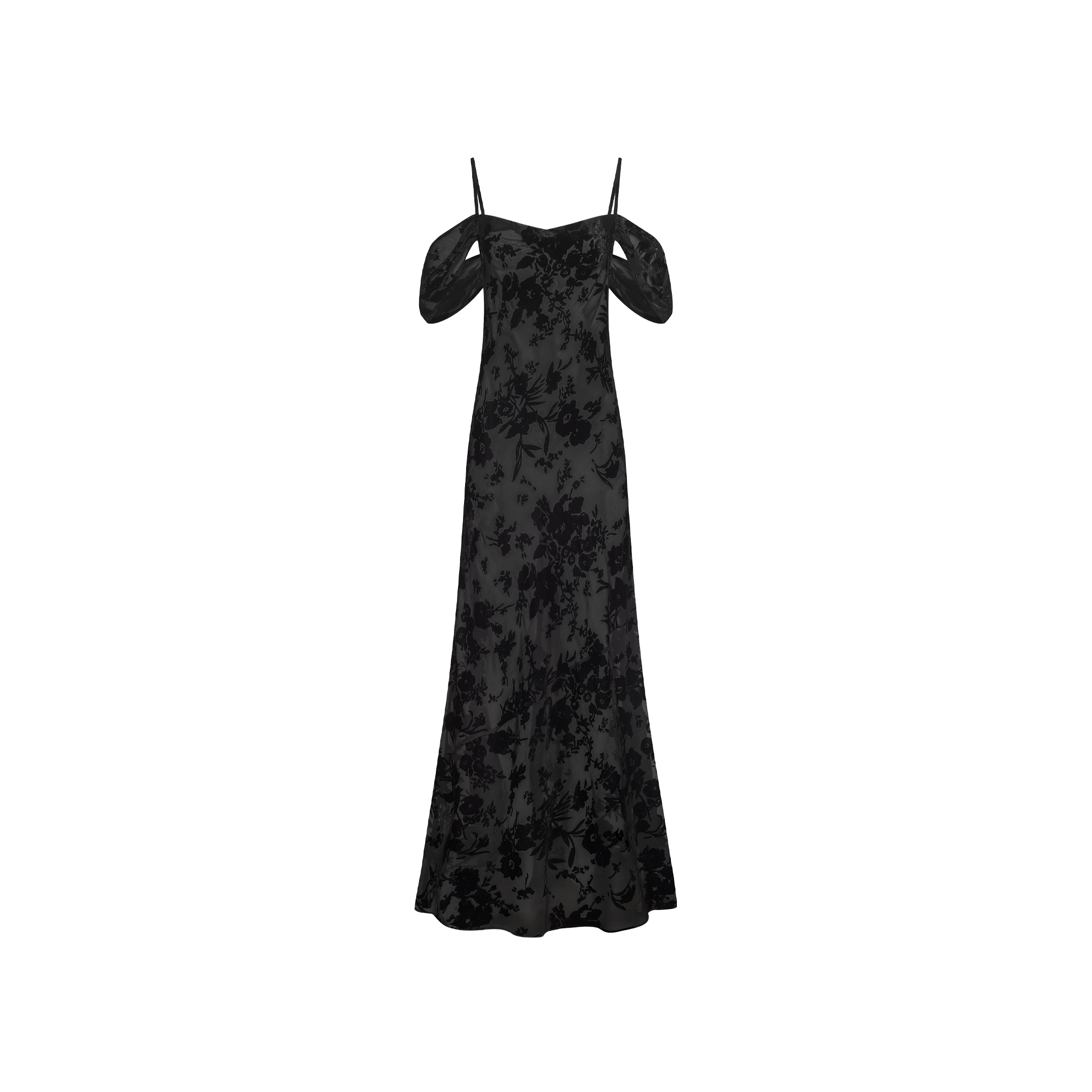 The Kenna Velvet Gown is a floor-length black burnout velvet dress featuring a floral pattern, spaghetti straps, and off-the-shoulder sleeves.