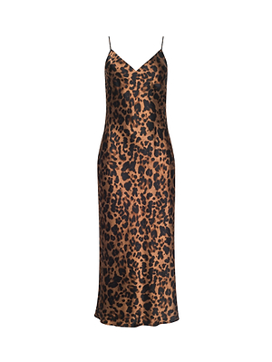The Seridie Silk Slip Dress by L'AGENCE is a sleeveless, ankle-length dress with thin spaghetti straps and a bold brown and black leopard print, shown on a white background.