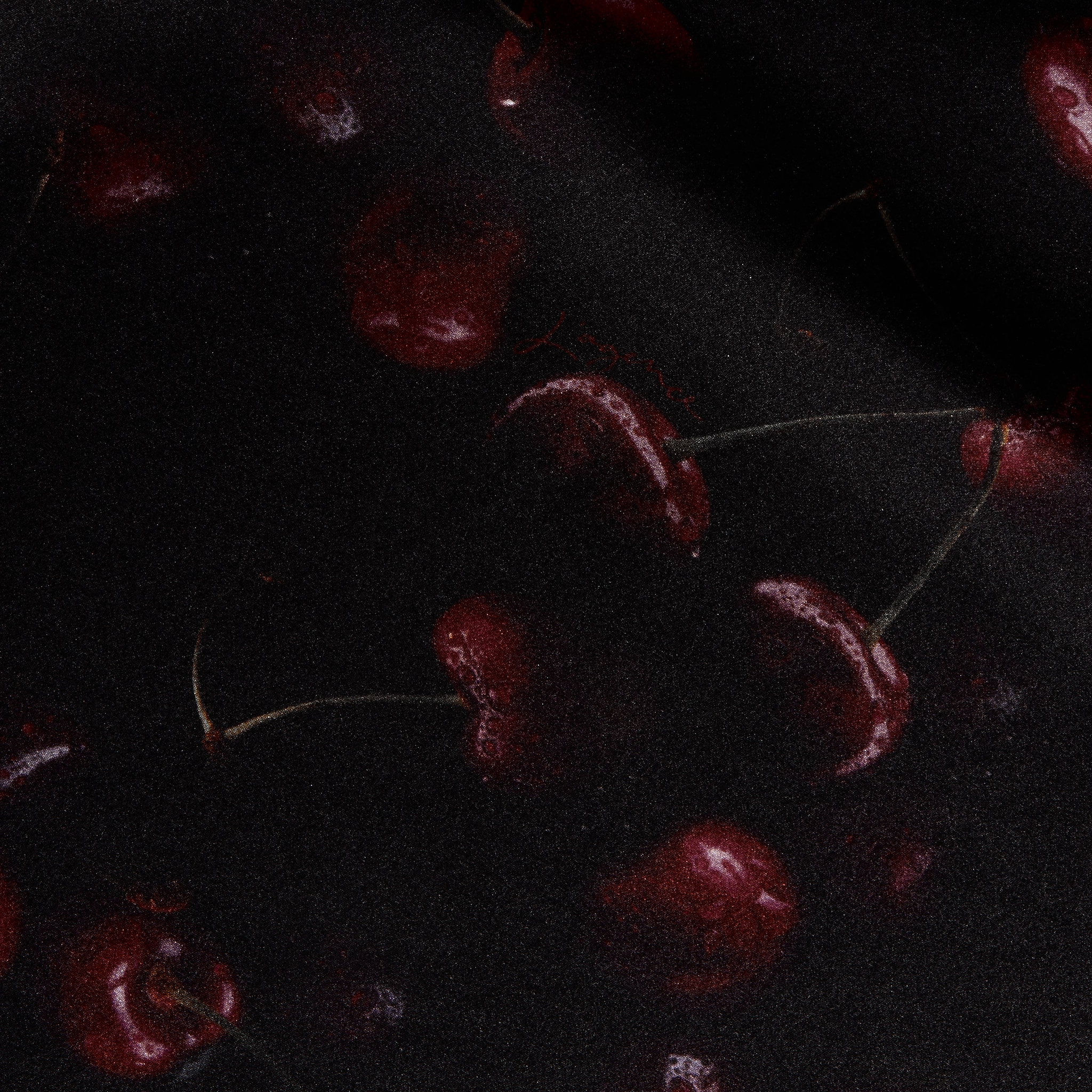 Seridie Silk Slip Dress in dark fabric patterned with scattered, deep red cherries.