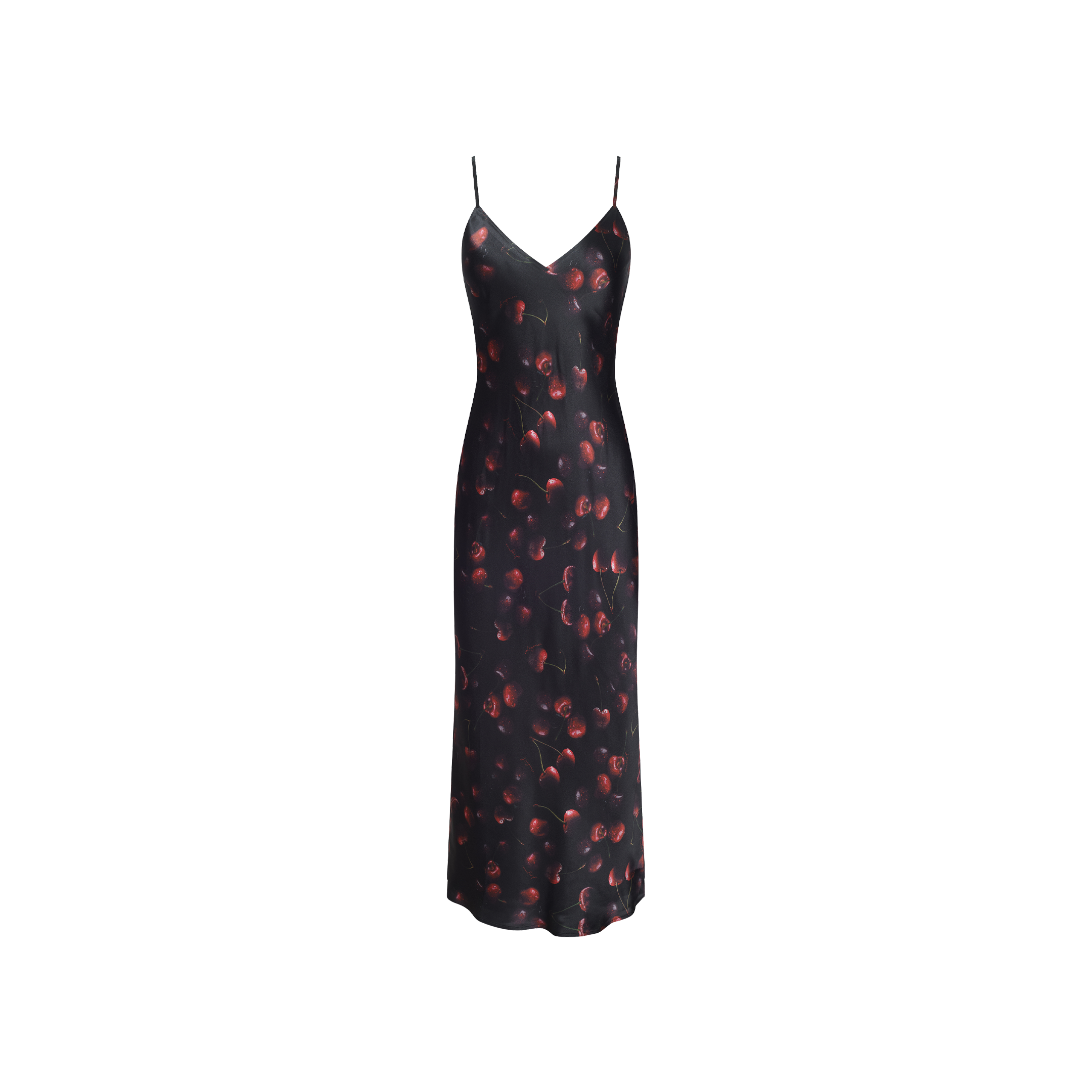 Seridie Silk Slip Dress in black silk charmeuse, featuring a midi-length, V-neckline, thin straps, and an allover cherry print.