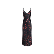 Seridie Silk Slip Dress in black silk charmeuse, featuring a midi-length, V-neckline, thin straps, and an allover cherry print.