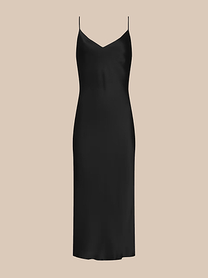 The Seridie Silk Slip Dress is a sleeveless black satin midi with thin spaghetti straps and a V-neckline, ideal for special occasions, shown against a plain beige background.