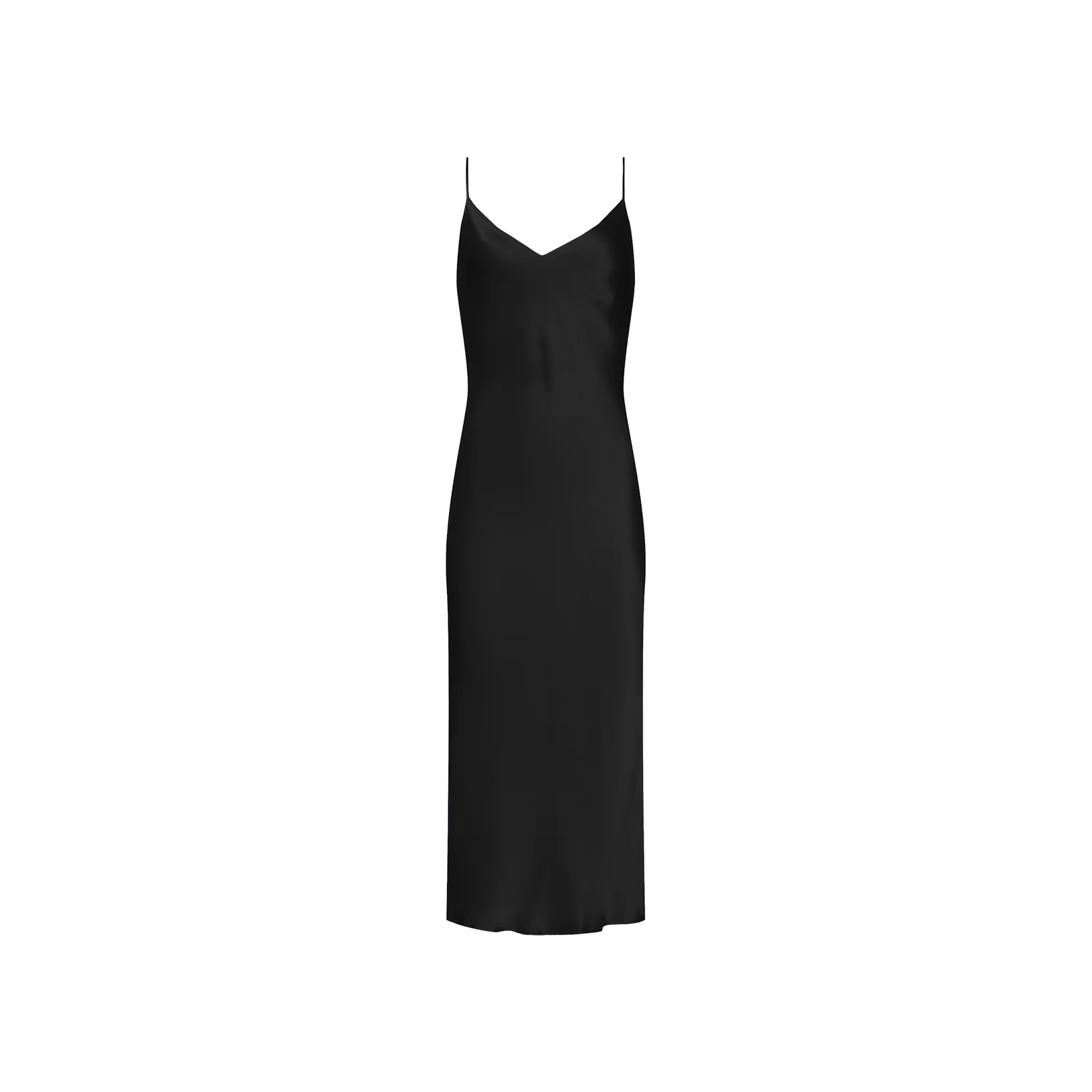 The Seridie Silk Slip Dress, featuring thin spaghetti straps, a V-neckline, and a knee-length hem in classic black silk, is displayed on a plain white background. This mid-length dress is perfect for a special occasion.