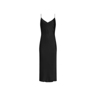 The Seridie Silk Slip Dress, featuring thin spaghetti straps, a V-neckline, and a knee-length hem in classic black silk, is displayed on a plain white background. This mid-length dress is perfect for a special occasion.