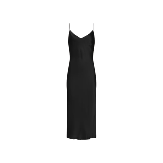 The Seridie Silk Slip Dress is a black, sleeveless mid-length dress featuring thin, adjustable spaghetti straps, a V-neckline, and a straight silhouette that falls to the knee. The dress is photographed against a plain white background.