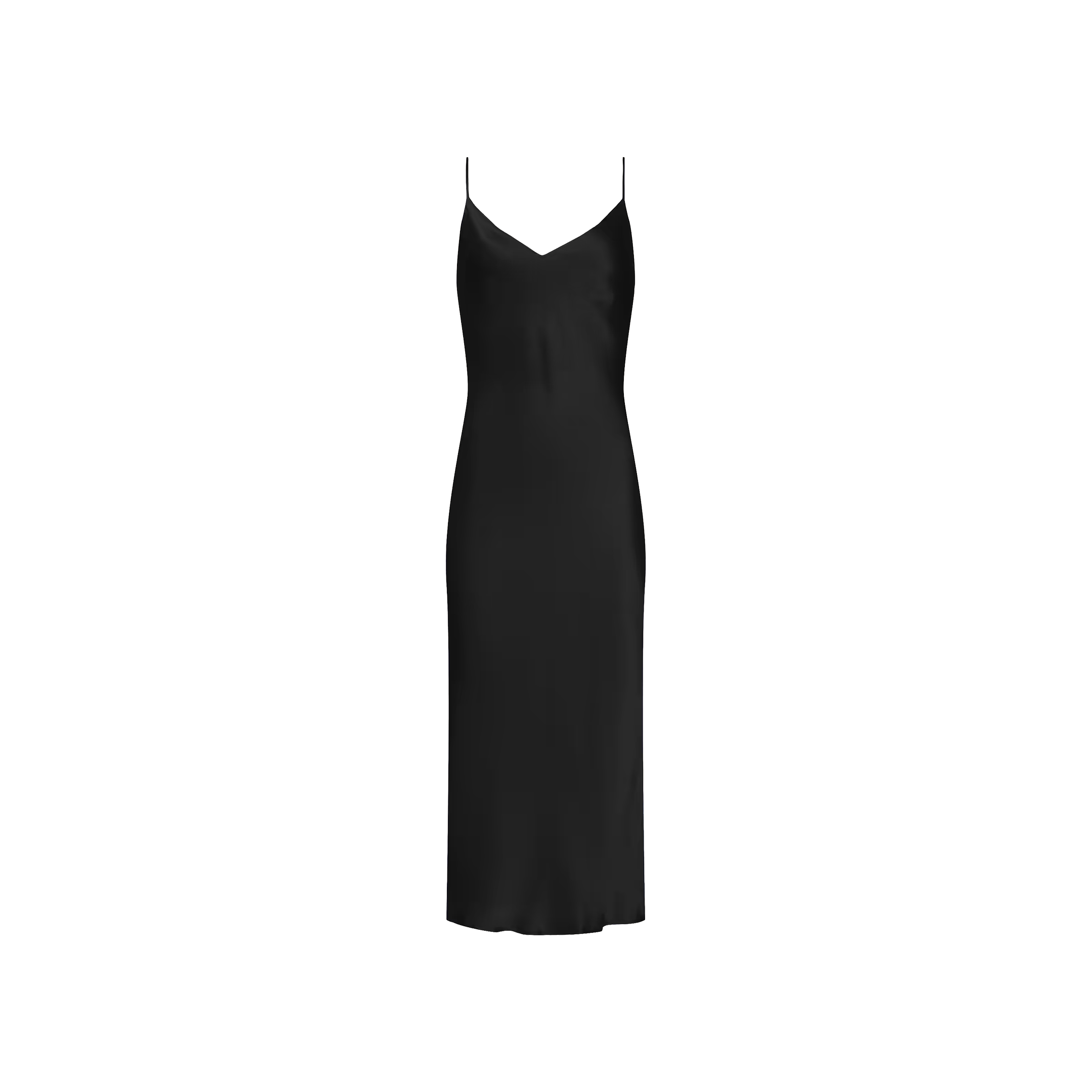 The Seridie Silk Slip Dress, featuring thin spaghetti straps, a V-neckline, and a knee-length hem in classic black silk, is displayed on a plain white background. This mid-length dress is perfect for a special occasion.