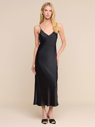 silk dress black Short Sleeve Gown With Black Lace Details side slit L'AGENCE Seridie Silk Slip Dress