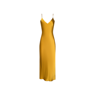 The Seridie Silk Slip Dress is a sleeveless, gold satin slip dress featuring delicate spaghetti straps and a V-neckline, expertly cut on the bias for an effortlessly elegant drape—displayed on a plain white background and perfect as an evening dress.