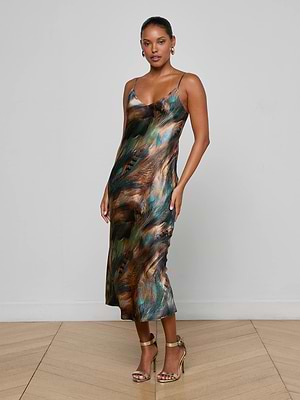 Seridie Silk Slip Dress in Teal Multi Mix Feather | L'AGENCE Seridie Silk Slip Dress in Teal Multi Mix Feather | L'AGENCE