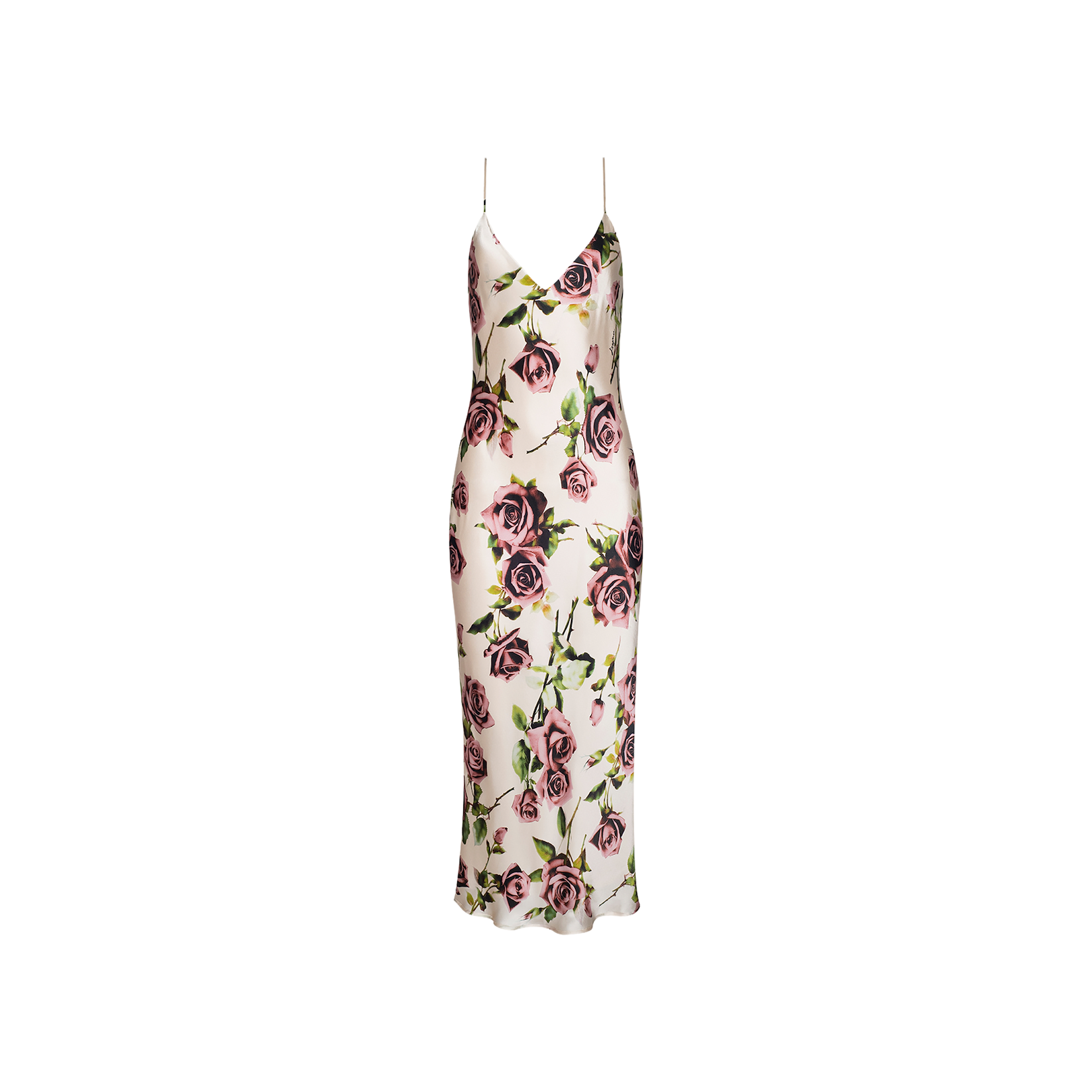 The Seridie Silk Slip Dress is a sleeveless, ankle-length slip dress with thin straps, crafted from silk. It features a white base adorned with a print of large purple and pink roses accented by green leaves.