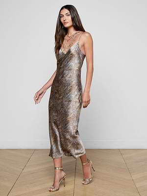 L'Agence Seridie Silk Slip Dress In Neutral/Blue Ditsy Paisley L'Agence Seridie Silk Slip Dress In Neutral/Blue Ditsy Paisley