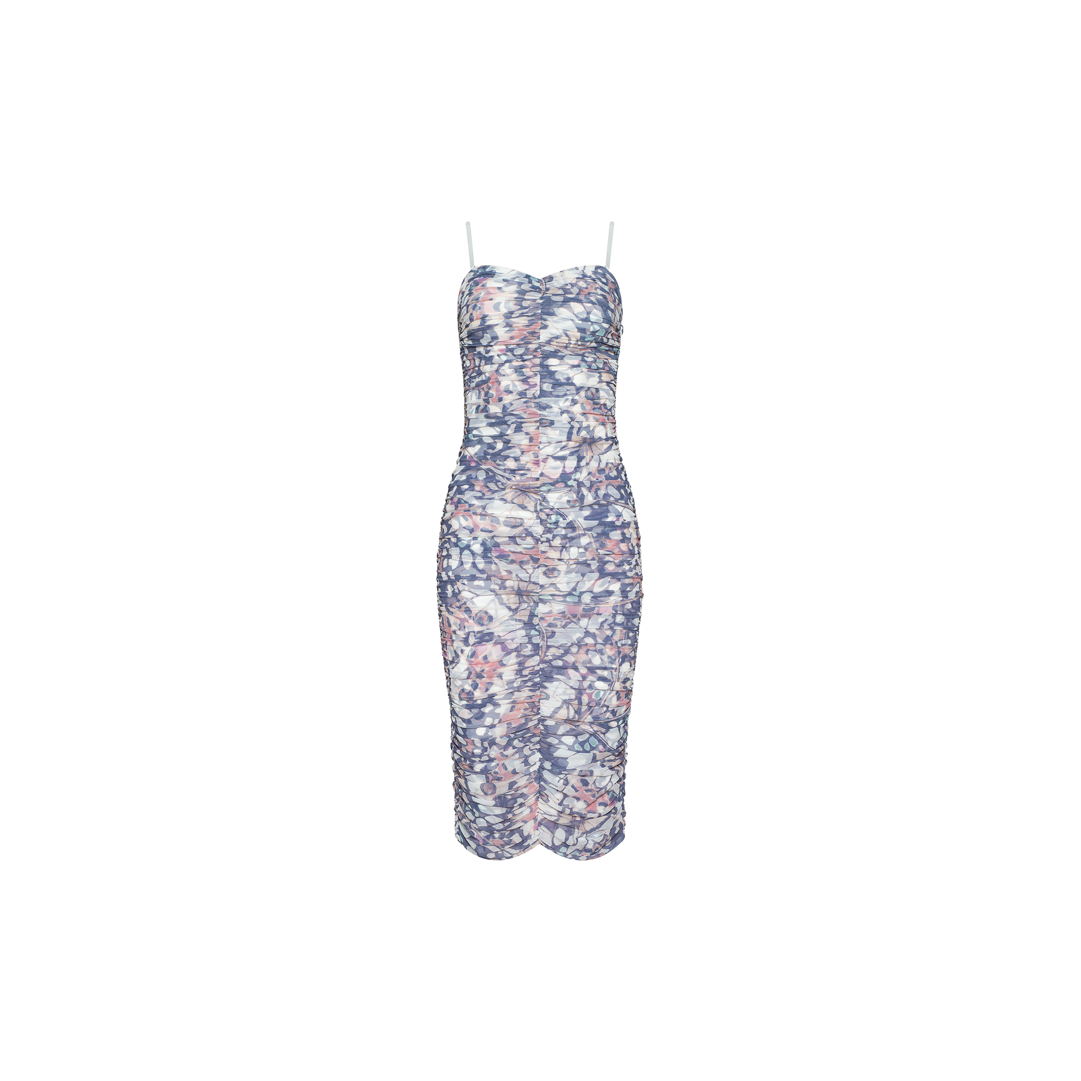 Caprice Midi Dress: Sleeveless, figure-flattering midi dress featuring thin straps and a ruched design with a multicolored abstract floral print inspired by butterfly wing patterns in shades of blue, pink, and white, shown against a plain white background.
