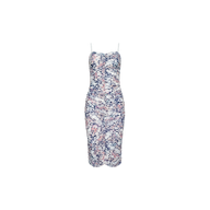 Caprice Midi Dress: Sleeveless, figure-flattering midi dress featuring thin straps and a ruched design with a multicolored abstract floral print inspired by butterfly wing patterns in shades of blue, pink, and white, shown against a plain white background.