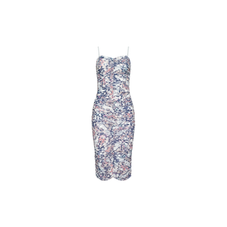 Introducing the Caprice Midi Dress: a sleeveless, knee-length dress with a flattering silhouette, featuring thin removable straps and a ruched design. This dress showcases an abstract floral print in shades of blue, white, and pink set against a crisp white background.