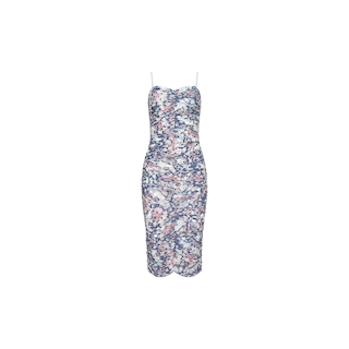 The Caprice Midi Dress is a sleeveless, figure-flattering style with thin spaghetti straps and an abstract floral pattern in blue, white, and pink on semi-sheer fabric.