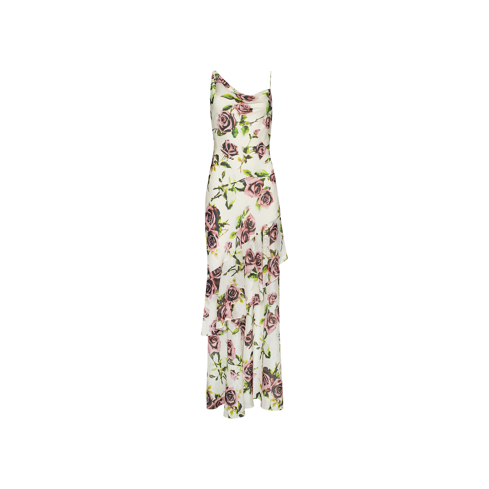 The Viola Silk Cowl-Neck Gown is a sleeveless white silk chiffon dress adorned with a mauve rose print. Designed with a flattering cowl neck, fitted bodice, and flowing skirt, it’s the perfect choice for summer or garden events.