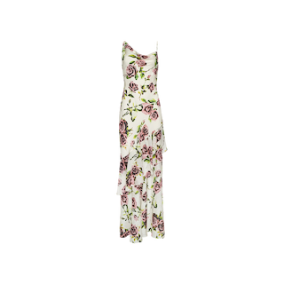 The Viola Silk Cowl-Neck Gown is a sleeveless white silk chiffon dress adorned with a mauve rose print. Designed with a flattering cowl neck, fitted bodice, and flowing skirt, it’s the perfect choice for summer or garden events.