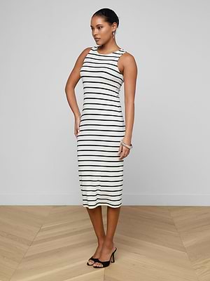 L'AGENCE Nura Racerback Midi Dress In Ivory/Black Stripe L'AGENCE Nura Racerback Midi Dress In Ivory/Black Stripe