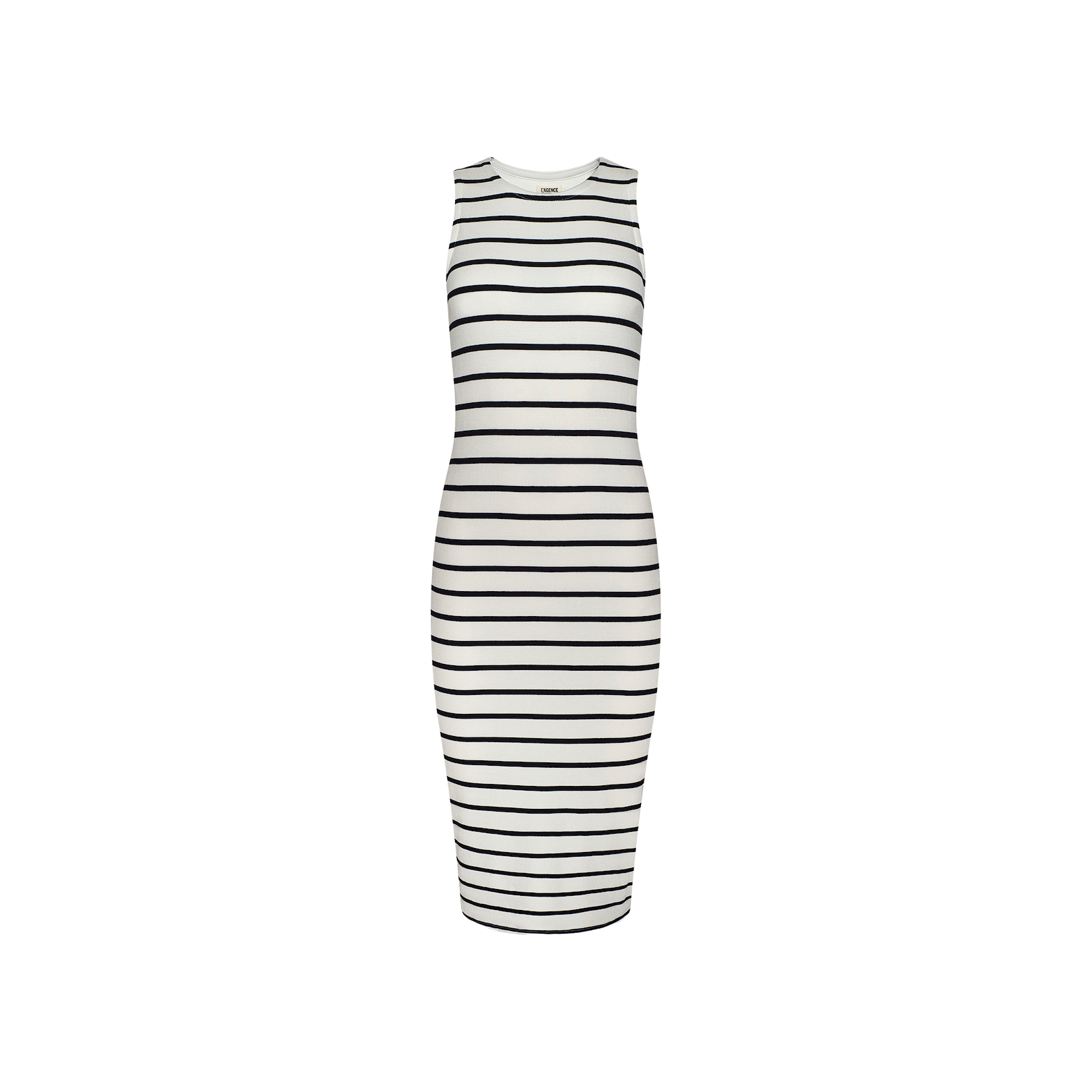 Nura Racerback Midi Dress in a sleeveless black and white striped jersey design, featuring a crew neckline and racerback silhouette, displayed against a plain white background.