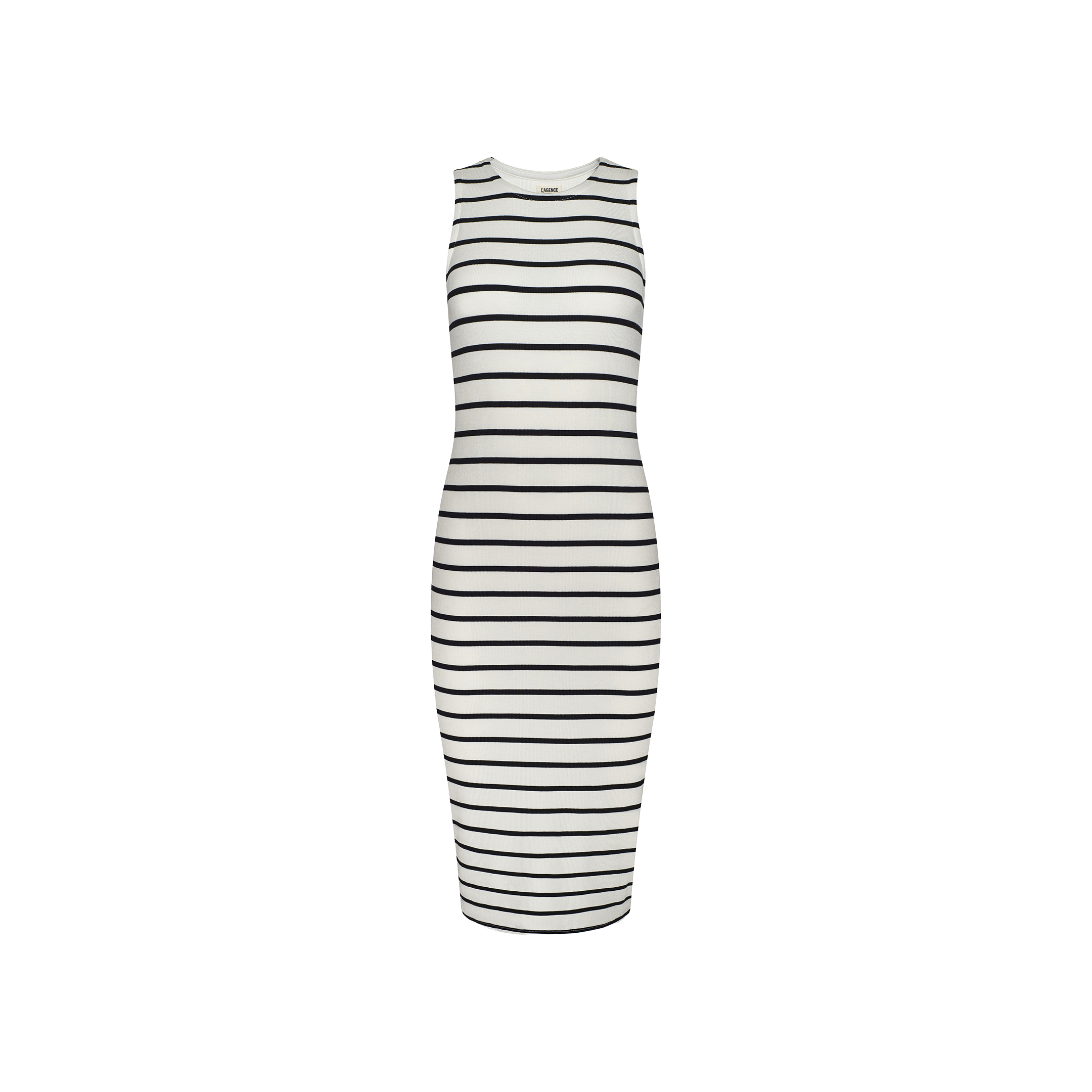 Nura Racerback Midi Dress in a sleeveless black and white striped jersey design, featuring a crew neckline and racerback silhouette, displayed against a plain white background.