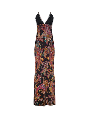 The Susanna Silk Lace Gown by L'AGENCE is a long, sleeveless black dress with vibrant paisley print and a V-neckline trimmed in black lace, shown on a white background.