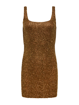 The Inori Beaded Mini Dress by L'AGENCE features a sleeveless, fitted silhouette with a square neckline and is adorned with shiny bronze sequins, shown against a plain white background.