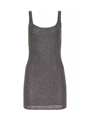 The Inori Beaded Mini Dress is a sleeveless, scoop-neck gunmetal mini dress with a fitted silhouette and subtle shimmer, ideal for events. Displayed on a plain white background.