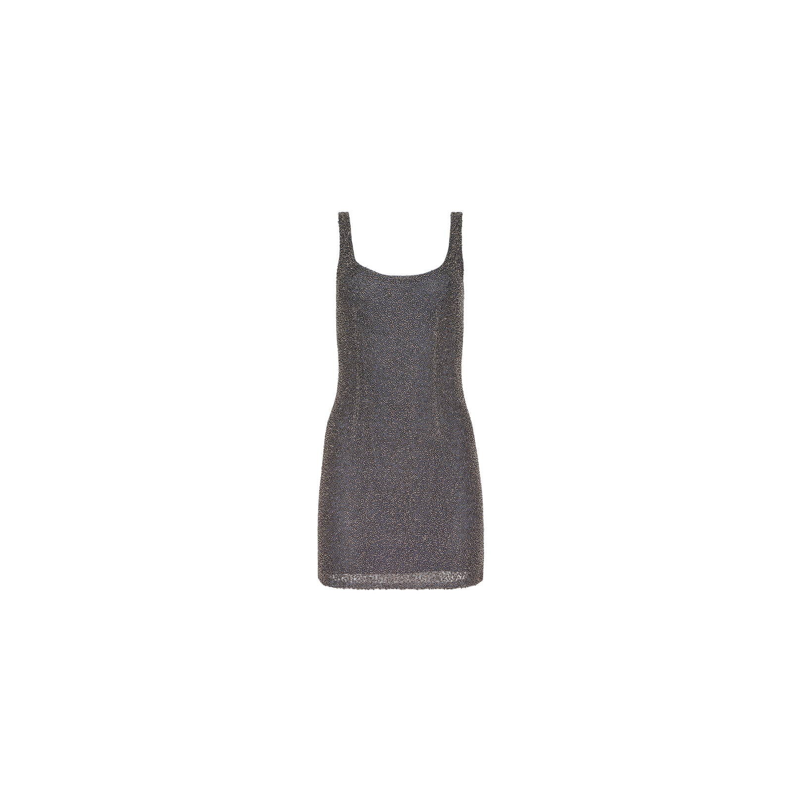 The Inori Beaded Mini Dress is a sleeveless, gunmetal mini dress featuring a square neckline and a metallic finish, displayed against a plain white background.