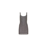 The Inori Beaded Mini Dress is a sleeveless, gunmetal mini dress featuring a square neckline and a metallic finish, displayed against a plain white background.