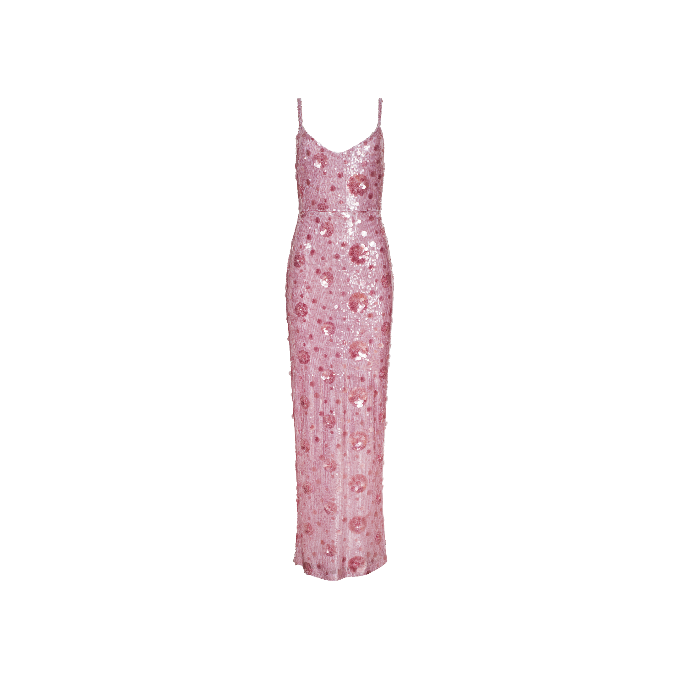 The Karma Sequin Maxi Dress is a long, sleeveless pink dress adorned with sequins and a floral pattern throughout. Featuring thin spaghetti straps and a fitted silhouette, it’s perfect for standout occasions.