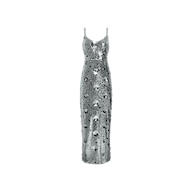 Karma Sequin Maxi Dress: a floor-length, sleeveless silver sequin dress with a sweetheart neckline and circular cutout details down the front.