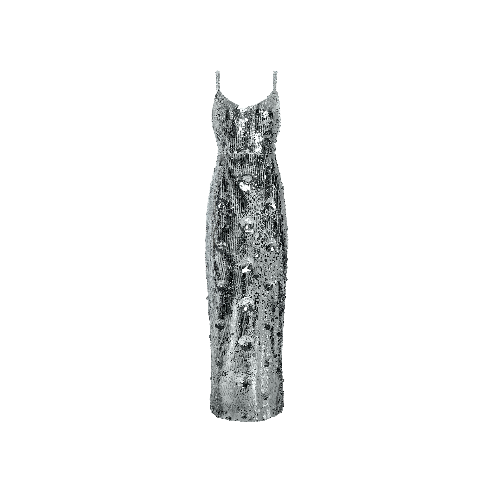 Karma Sequin Maxi Dress: a floor-length, sleeveless silver sequin dress with a sweetheart neckline and circular cutout details down the front.