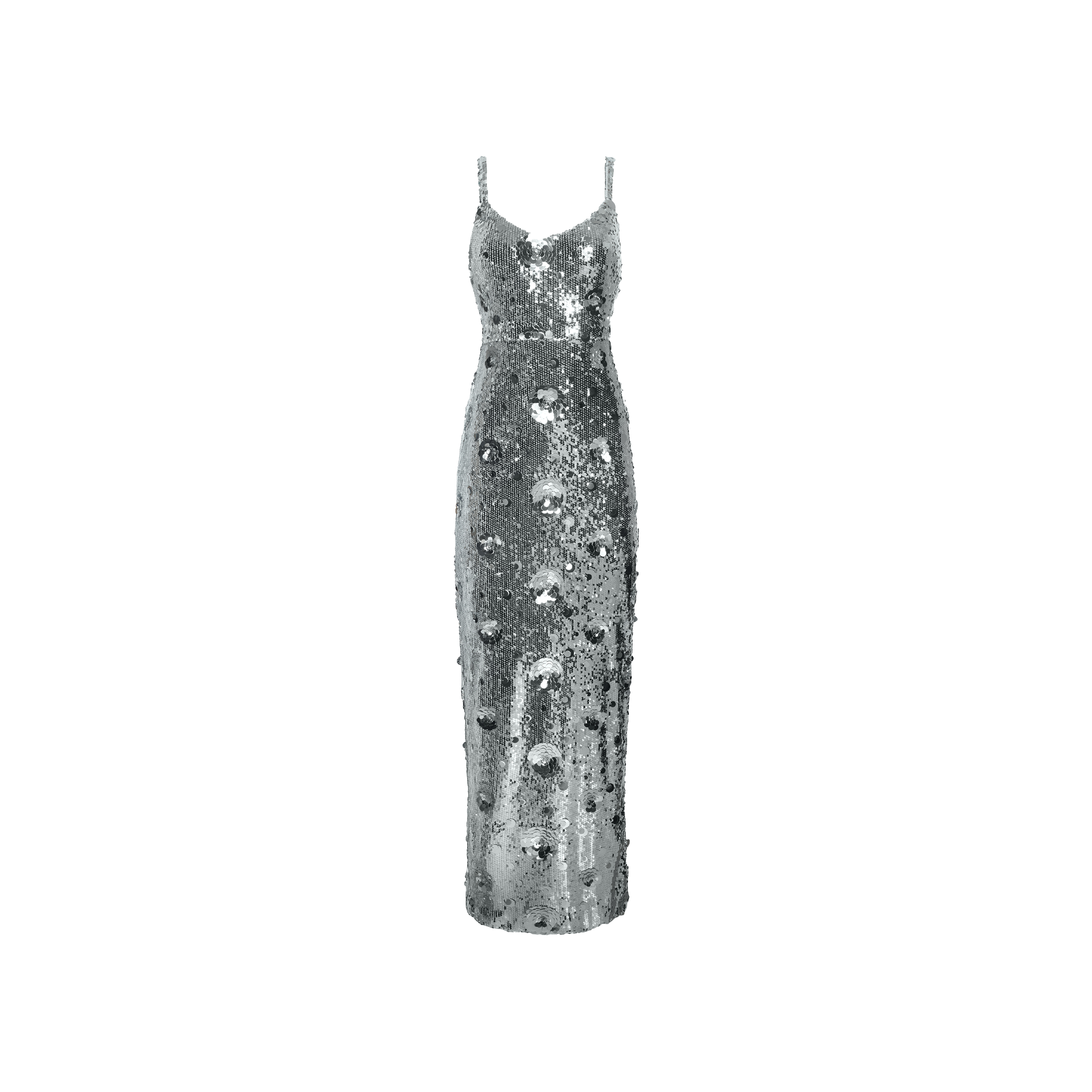 Karma Sequin Maxi Dress: a floor-length, sleeveless silver sequin dress with a sweetheart neckline and circular cutout details down the front.