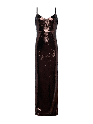 The Karma Sequin Maxi Dress by L'AGENCE is a sleeveless, floor-length black dress with a structured bodice, thin spaghetti straps, and a fitted silhouette, shown against a white background.