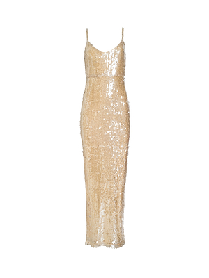 The Karma Sequin Maxi Dress is a sleeveless gold dress with thin straps, a fitted ankle-length silhouette, and sparkling sequins, inspired by NYFW trends and shown on a white background.