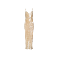The Karma Sequin Maxi Dress is a sleeveless gold gown adorned with shimmering sequins. It features thin spaghetti straps, a fitted waist, a floor-length silhouette, and a flattering V-neckline—delivering an elegant look that’s perfect for making an impression at NYFW 2026.