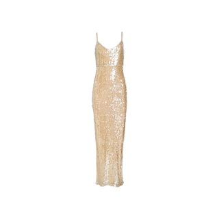 A sleeveless, gold sequin maxi dress with spaghetti straps and a fitted silhouette, falling to mid-calf length, displayed on a plain white background—this stunning Karma Sequin Maxi Dress is a shimmering highlight for Spring 2026 fashion.