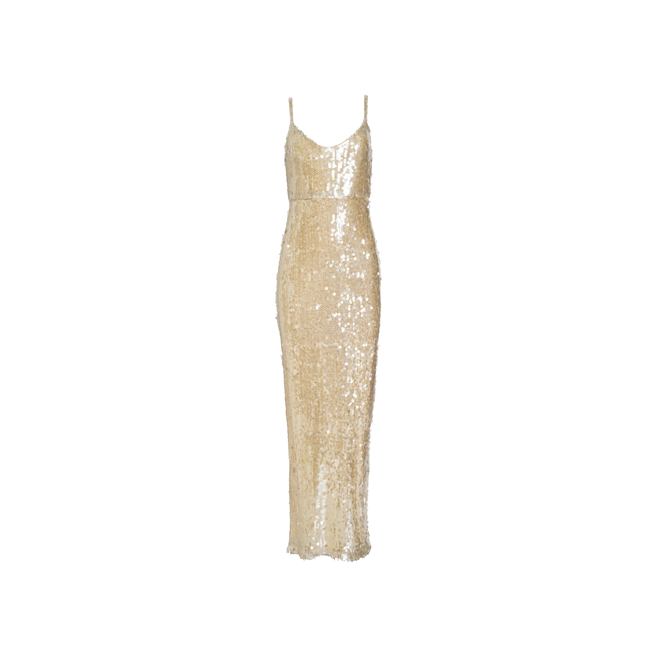 The Karma Sequin Maxi Dress is a sleeveless gold gown adorned with shimmering sequins. It features thin spaghetti straps, a fitted waist, a floor-length silhouette, and a flattering V-neckline—delivering an elegant look that’s perfect for making an impression at NYFW 2026.