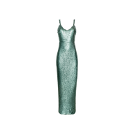 The Karma Sequin Maxi Dress, a shimmering light green teal gown with thin straps and a fitted, floor-length silhouette, is elegantly displayed on a plain white background.