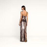 A woman wearing the Karma Sequin Maxi Dress—a sleeveless, floor-length, fitted dress with sequins and a back slit—stands on a white background facing away from the camera.