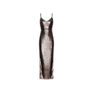 The Karma Sequin Maxi Dress is a sleeveless, ankle-length gown in a metallic finish with shimmering sequins, featuring thin spaghetti straps and a fitted bodice. The dress is elegantly displayed against a plain white background.