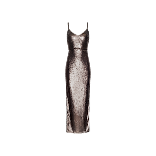 The Karma Sequin Maxi Dress is a sleeveless, ankle-length fitted dress crafted from metallic sequined fabric, featuring thin spaghetti straps and a V-neckline, displayed on a plain white background.